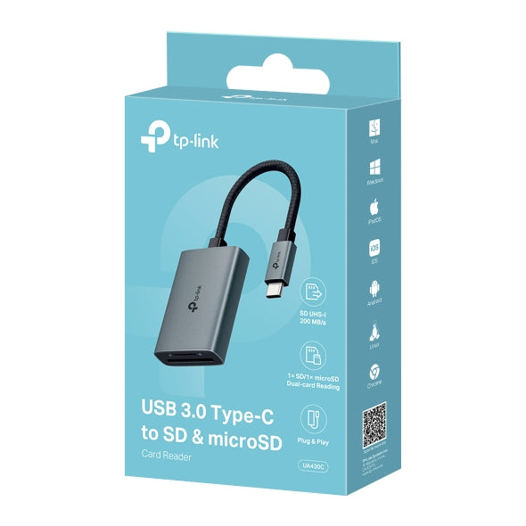 TP-Link UA430C USB-C Kartenleser – SD, microSD, UHS-I, USB 3.2 Gen 1 (5 Gbit/s), 0,15 m, Grau