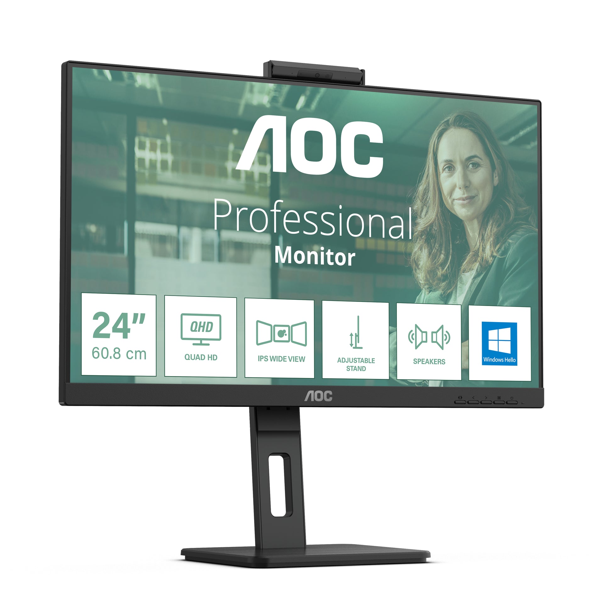 AOC 24P3CW – Monitor, 23,8", IPS, 75 Hz, 300 cd/m², Webcam, USB-C (65 W PD), VESA 100 × 100, Schwarz