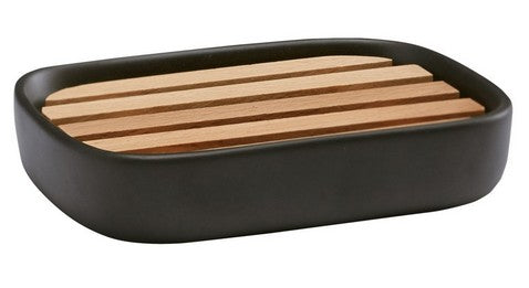 Aquanova Seifenschale Oscar – Buchenholz/Keramik, 13×9×2,5 cm, Schwarz/Holz