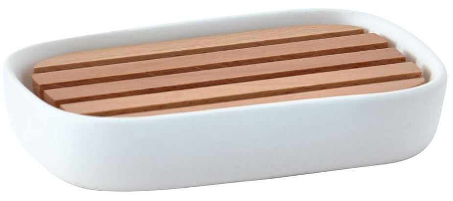 Aquanova Seifenschale Oscar – Keramik/Holz (Buche), 13×9×2,5 cm, Weiss, Oval