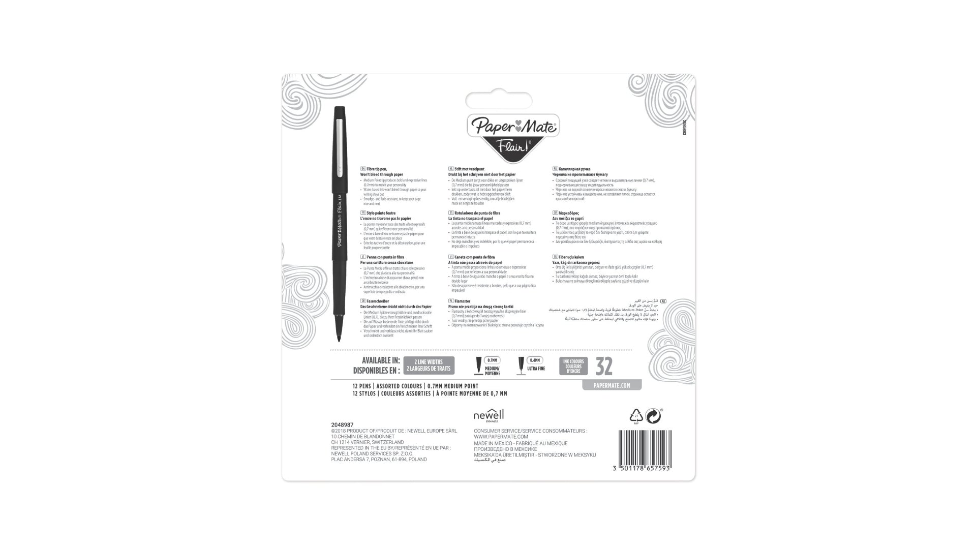 Papermate Flair Fineliner Set – 12 Stk., 0,7 mm, 12 Farben, lichtbeständig