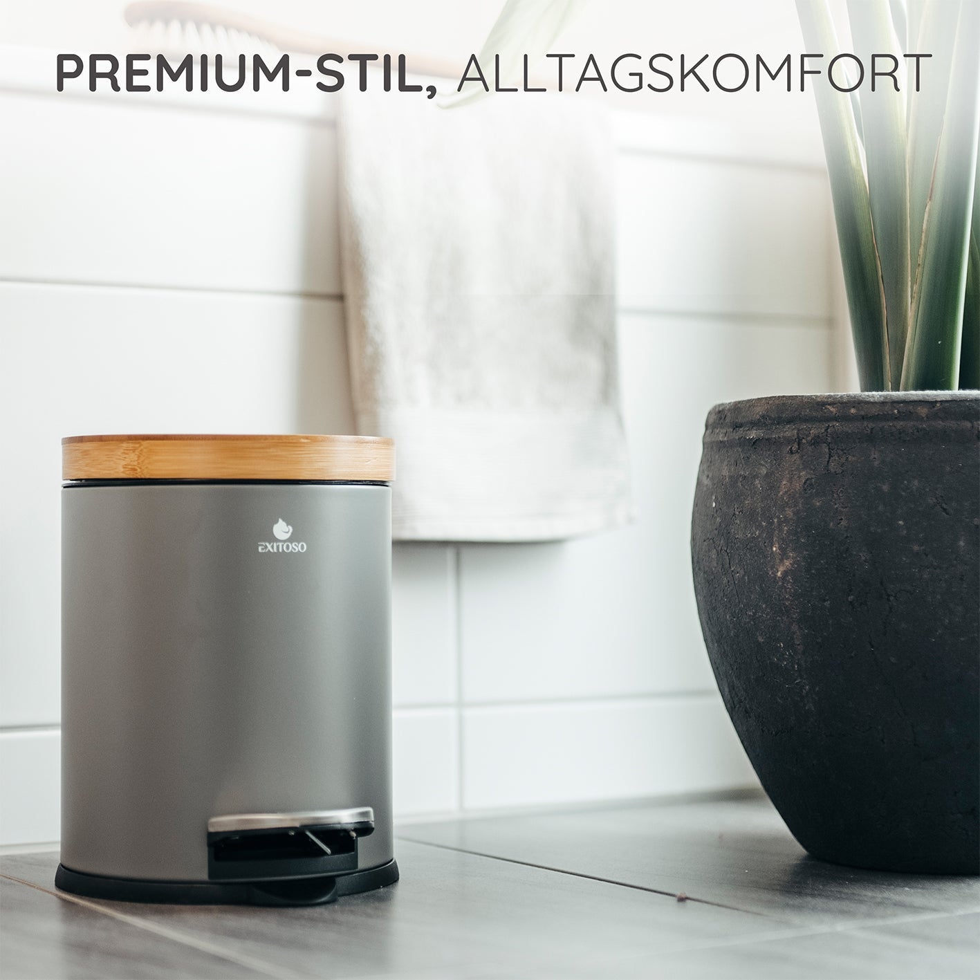 Exitoso Tisch-Abfallbehälter – 5 l – mit Deckel – Holz, Grau – Ø 220 × H 285 mm