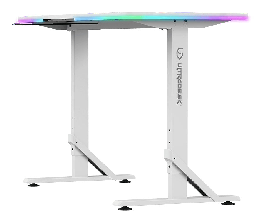 Ultradesk Iron Gaming-Tisch – 132,5 × 60,5 cm, höhenverstellbar, RGB-Beleuchtung, weiss, Stahl