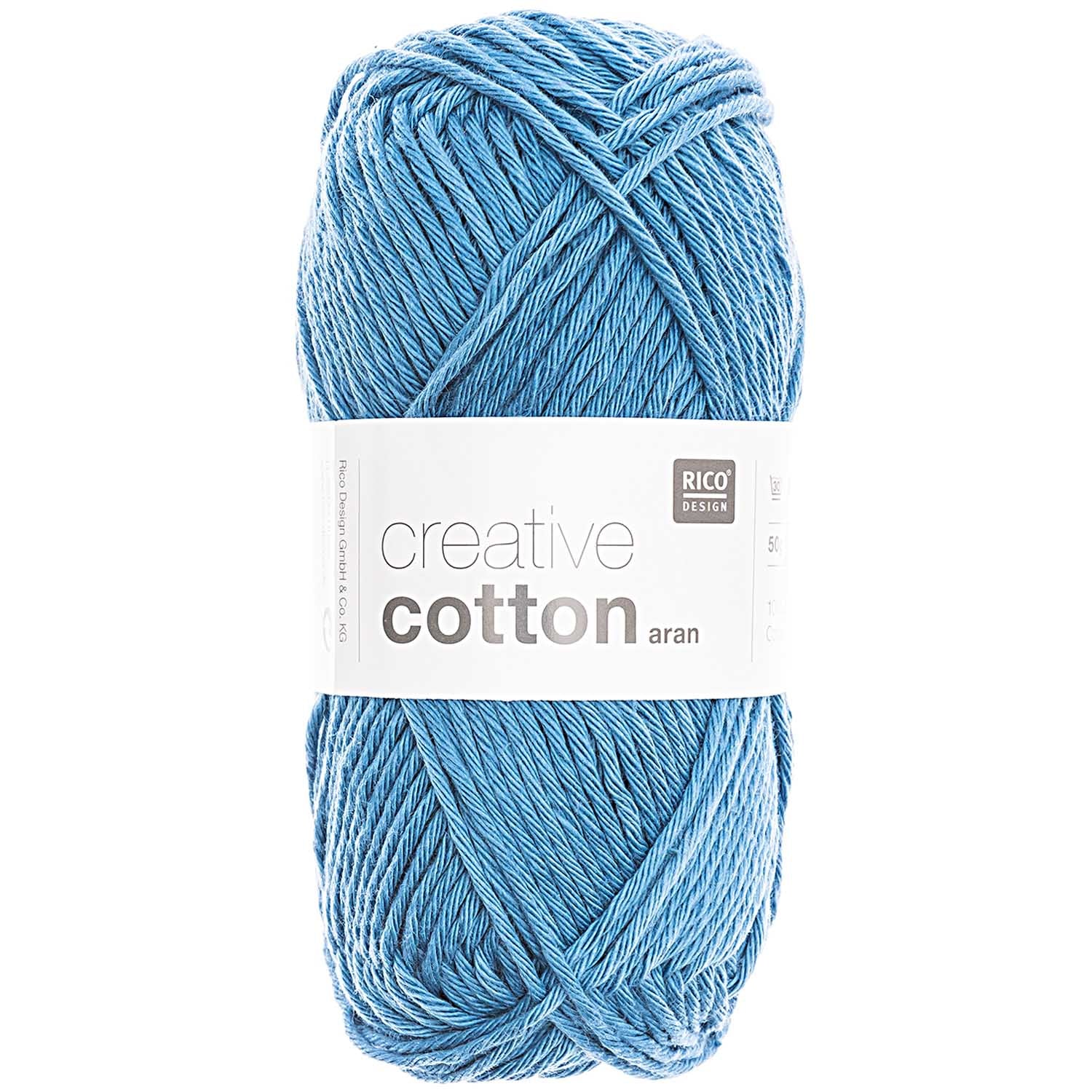 Rico Design Creative Cotton Garn Aran Blau – 50 g, 85 m, Nadel 4 mm, 100% Baumwolle, 1 Stk.