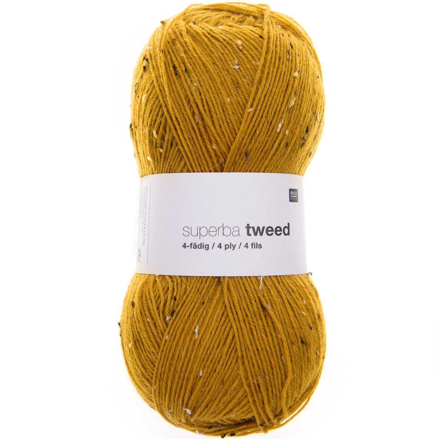 Rico Design Tweed 4-fädiges Garn Senfgelb – 100 g, 375 m, Nadel 2 mm
