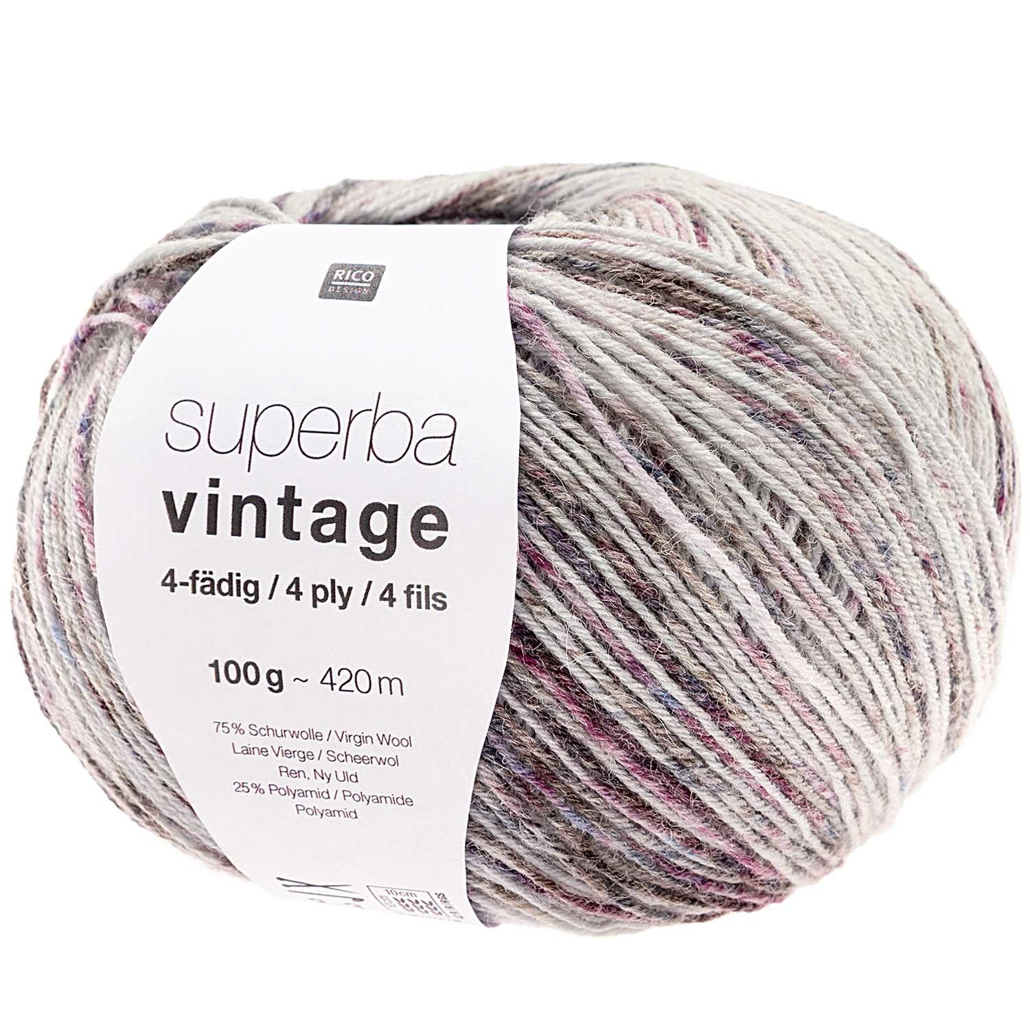 Rico Design Sockenwolle Soft Vintage 4-fädig Garn Flieder – 100 g, 420 m, Nadel 2 mm, 75% Schurwolle/25% Polyamid