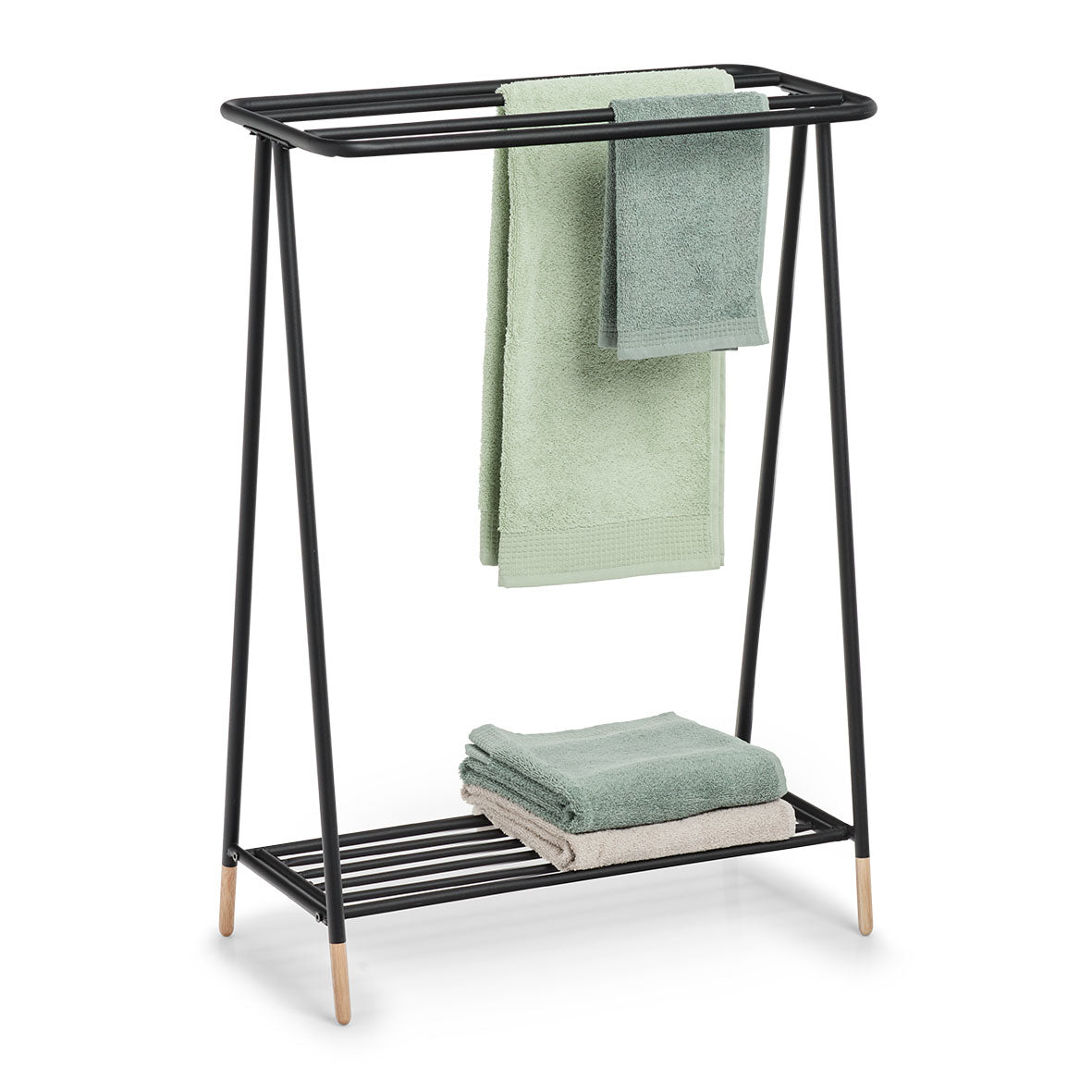 Zeller Present Handtuchständer 4 Arme – 60×30×85 cm, Eisen/Holz, Schwarz