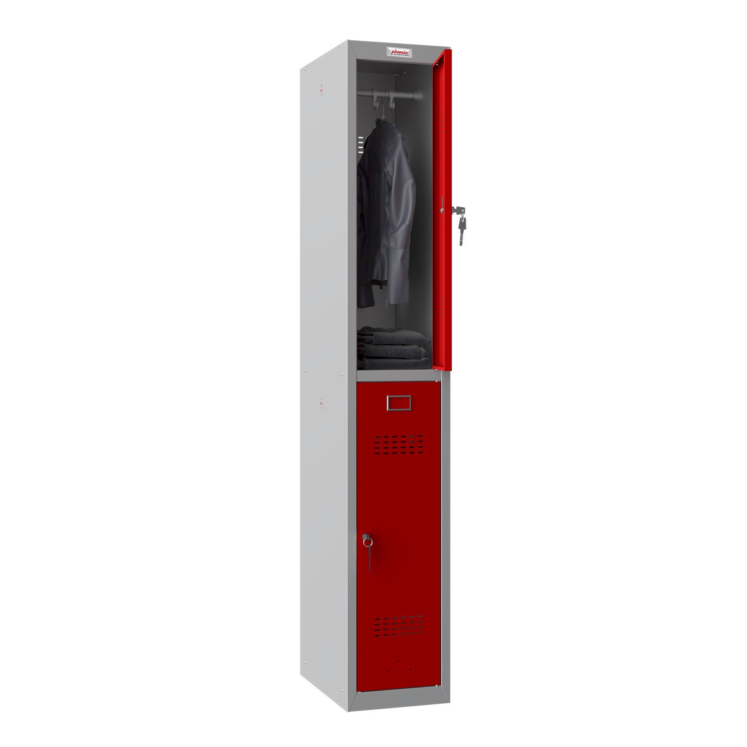 Phoenix Safe Co. PL1230 – Persönliches Schliessfach, 2 Fächer, abschliessbar, 300 × 500 × 1'830 mm, grau/rot