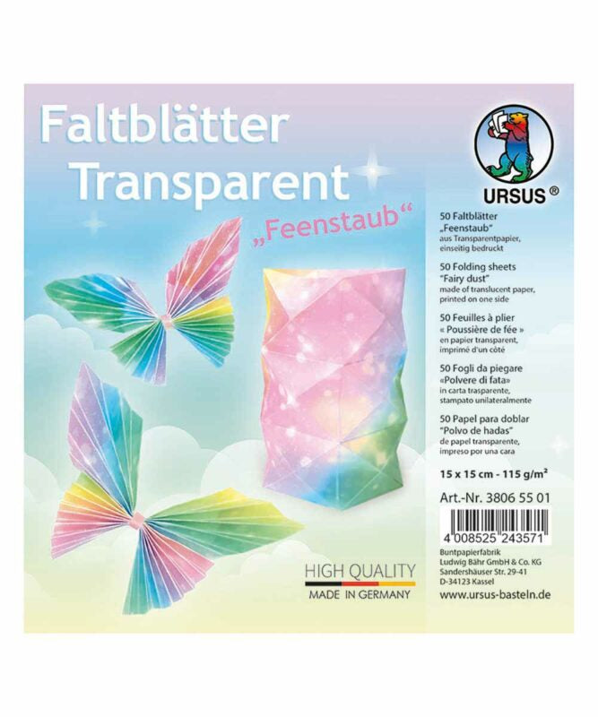 URSUS Origamipapier – 15 × 15 cm, Mehrfarbig, Transparent, 115 g/m² – 50 Blatt