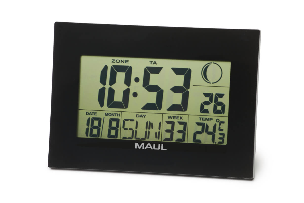 MAUL Digitale Wanduhr Flow – Funk – 23 × 16 × 5 cm, schwarz, Kunststoff, Thermometer, Mondphasen