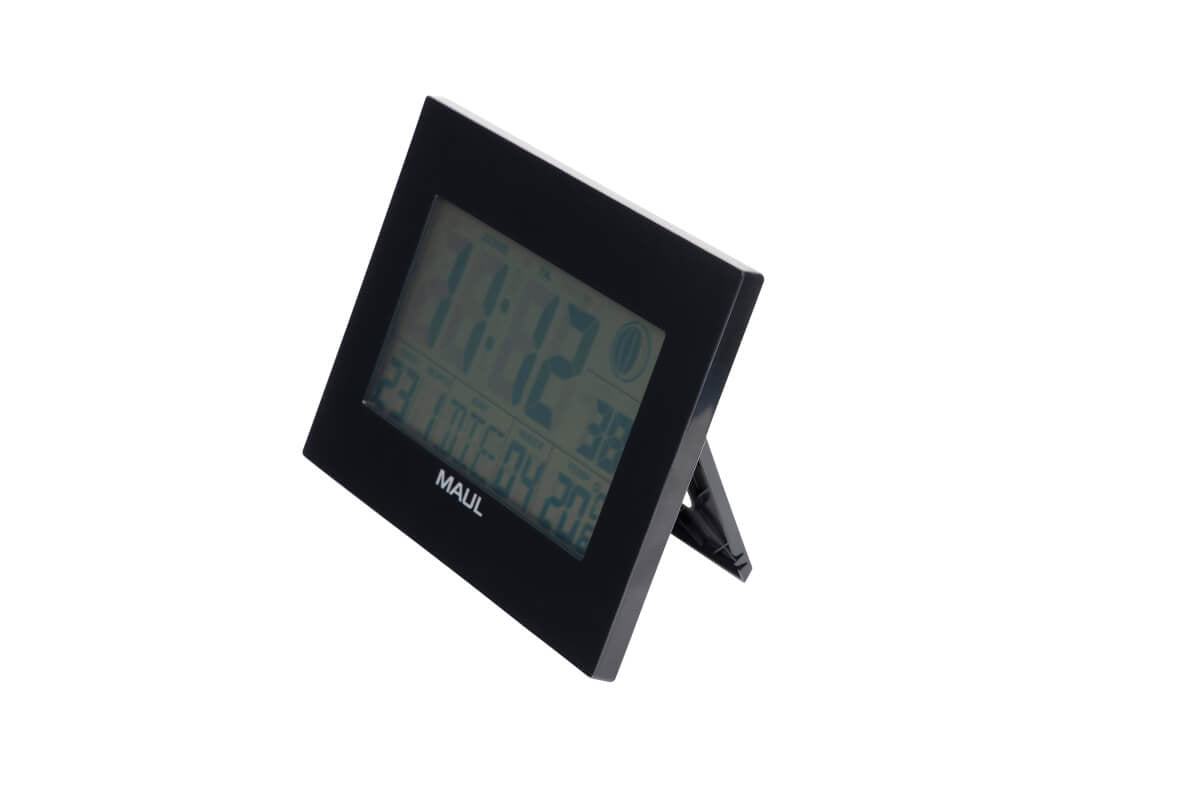 MAUL Digitale Wanduhr Flow – Funk – 23 × 16 × 5 cm, schwarz, Kunststoff, Thermometer, Mondphasen