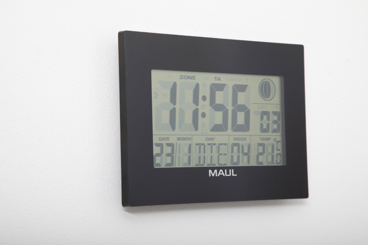 MAUL Digitale Wanduhr Flow – Funk – 23 × 16 × 5 cm, schwarz, Kunststoff, Thermometer, Mondphasen