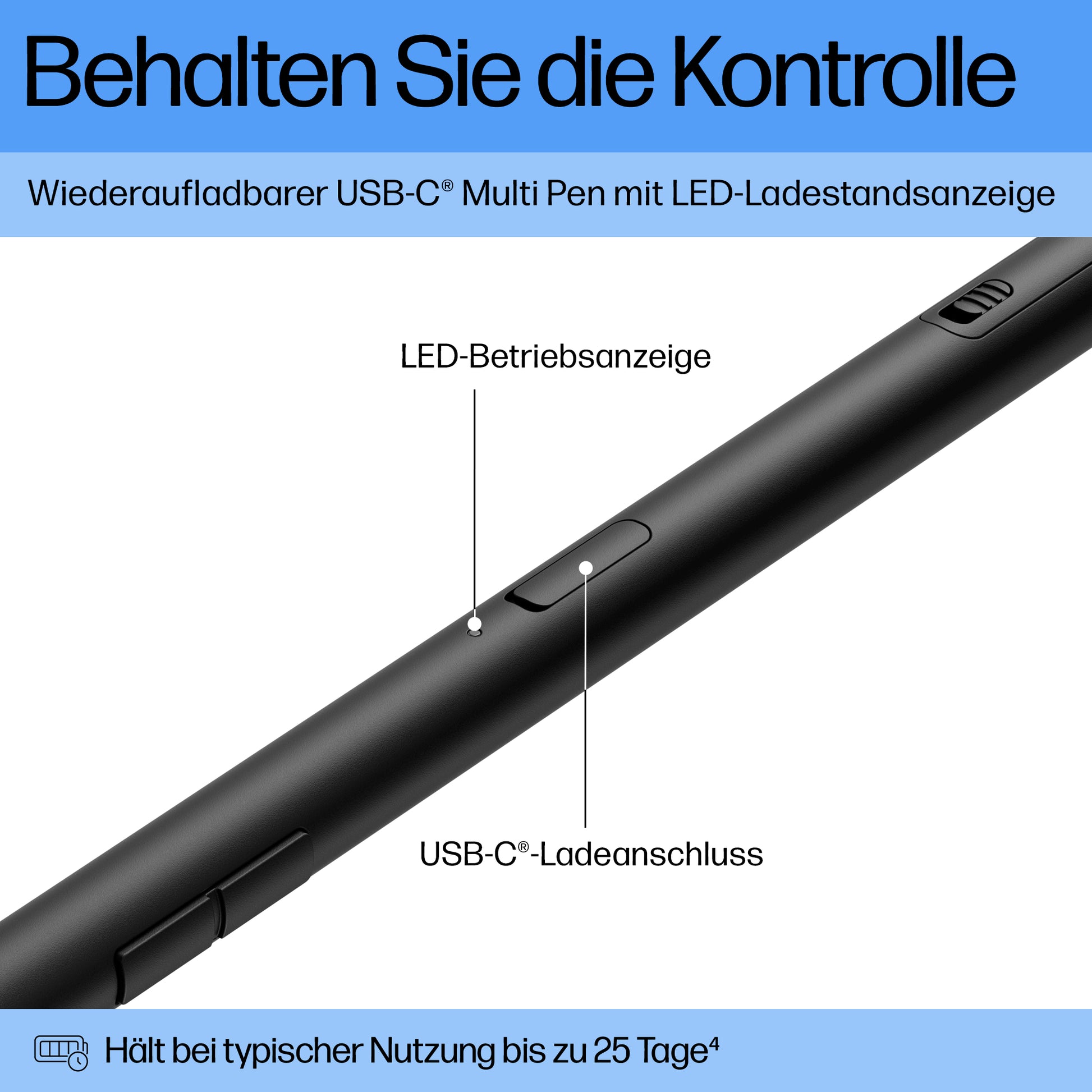 HP Eingabestift für verschiedene Geräte – Wiederaufladbar, 2 Tasten – Schwarz