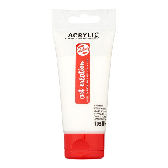 Talens Acrylfarbe – Titanweiss 105, seidenmatt – 75 ml Tube – für Leinwand, Papier, Holz