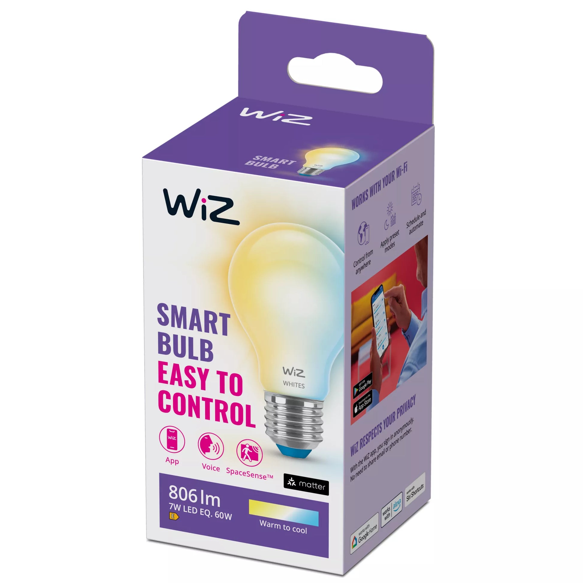 WiZ Smart-Leuchtmittel E27 – 806 lm, 2700–6500 K, WLAN/App, dimmbar – Weiss
