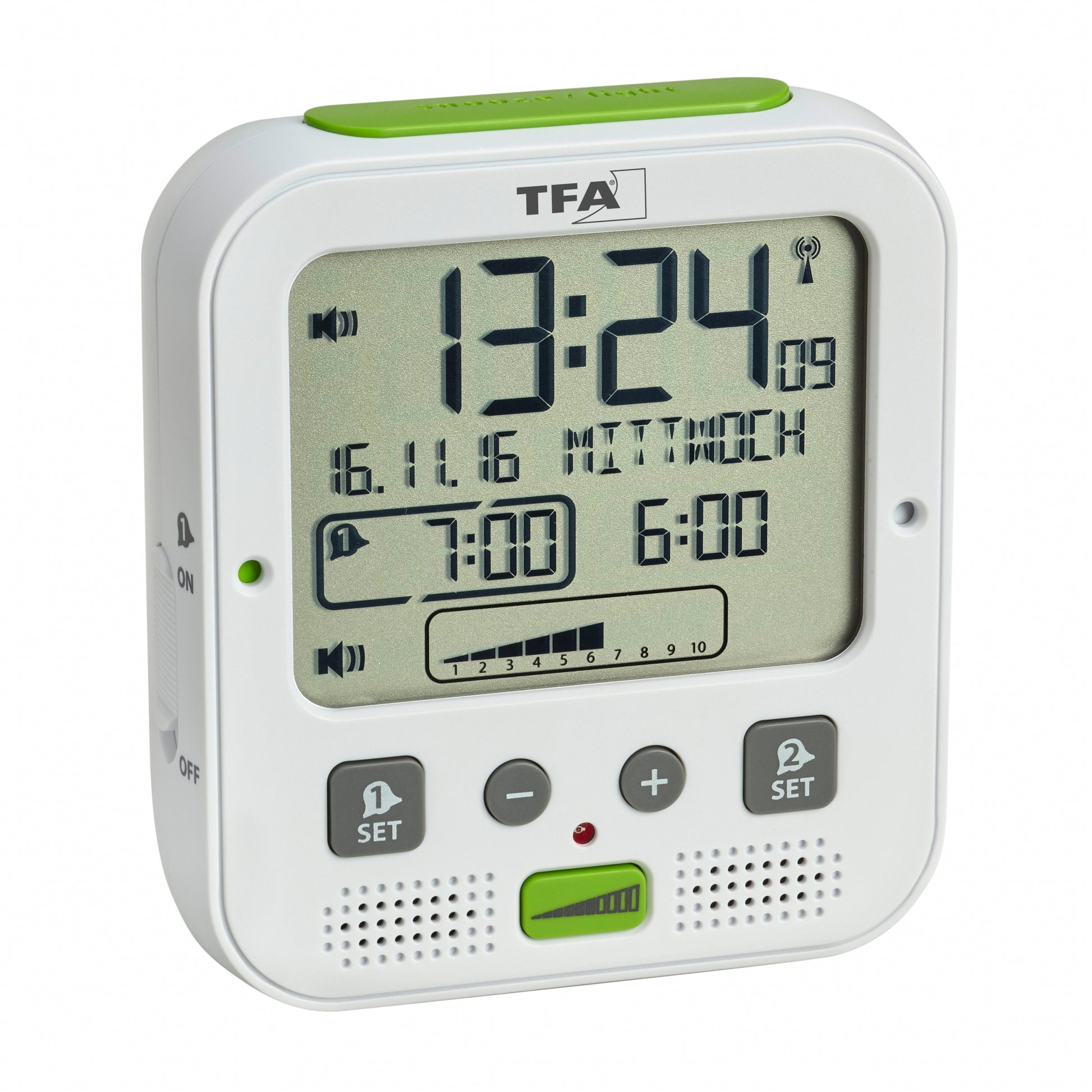 TFA-Dostmann TFA Dostmann Wecker BOOM Funk – digital – 6,5 × 12,2 × 11,0 cm, weiss, Kunststoff, Projektor