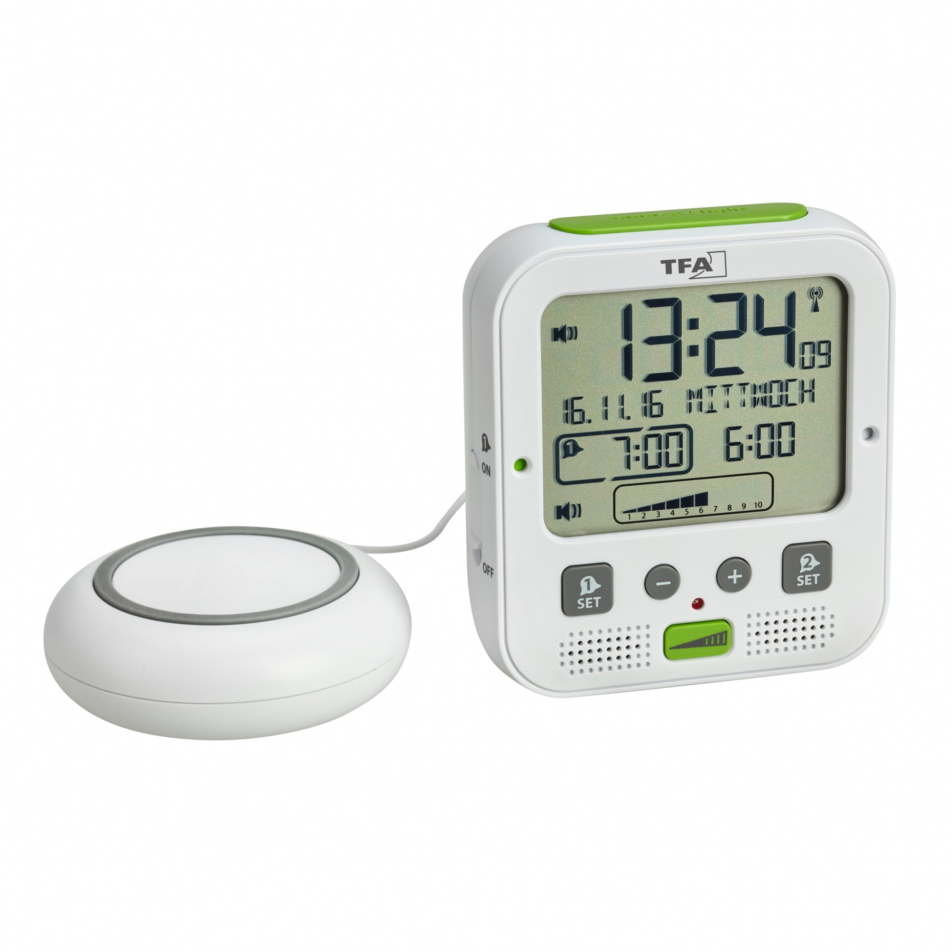 TFA-Dostmann TFA Dostmann Wecker BOOM Funk – digital – 6,5 × 12,2 × 11,0 cm, weiss, Kunststoff, Projektor