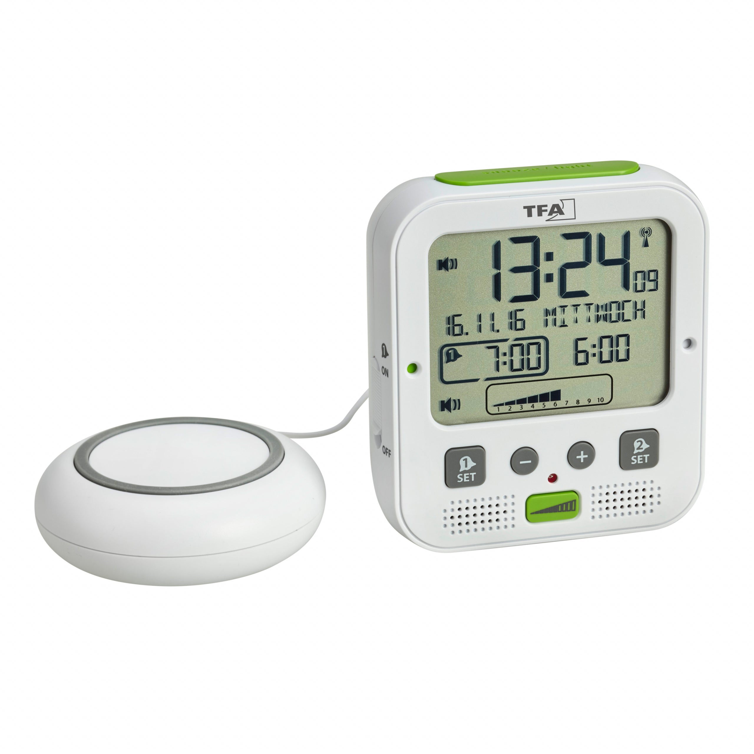 TFA-Dostmann TFA Dostmann Wecker BOOM Funk – digital – 6,5 × 12,2 × 11,0 cm, weiss, Kunststoff, Projektor