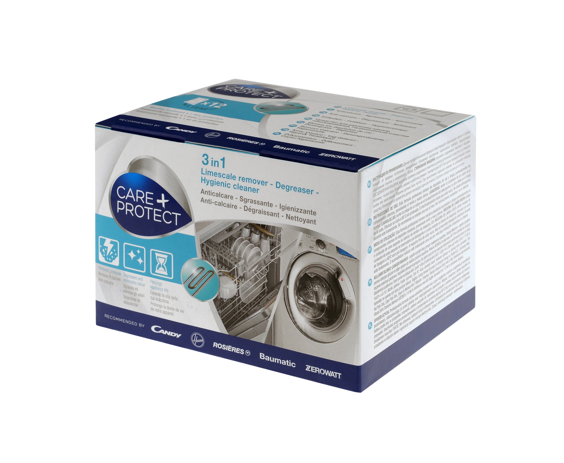 Care + Protect CarePlus Protect 3-in-1 Entkalker – für Geschirrspüler/Waschmaschine – Pulver, Box – 600 g – 6 Stk.