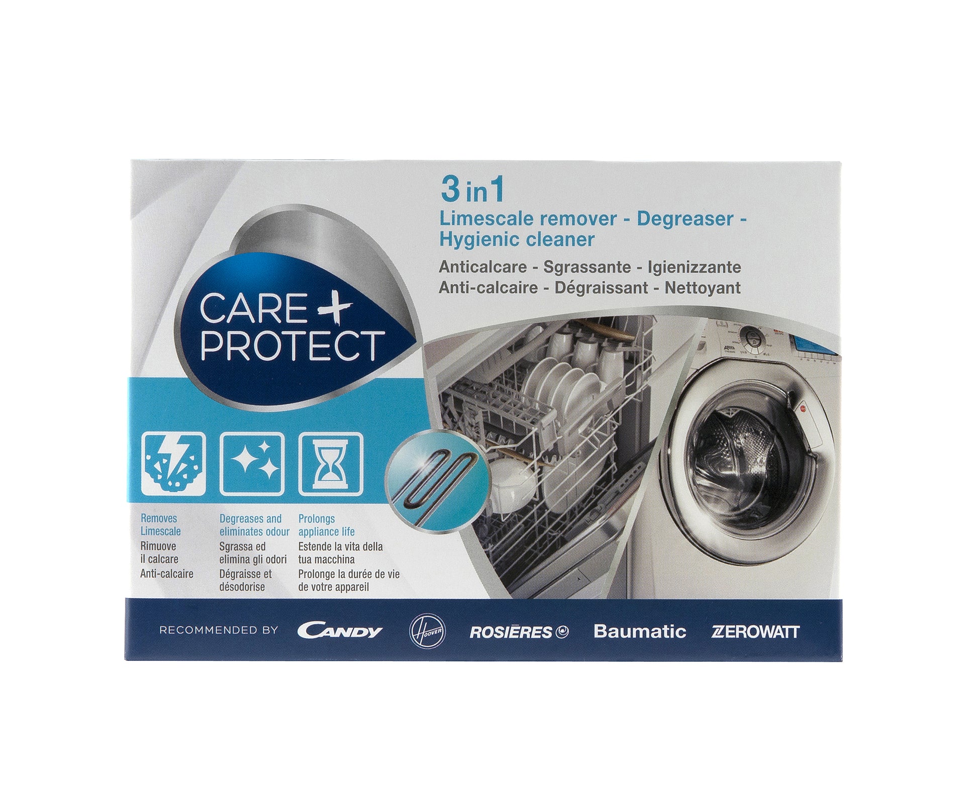 Care + Protect CarePlus Protect 3-in-1 Entkalker – für Geschirrspüler/Waschmaschine – Pulver, Box – 600 g – 6 Stk.