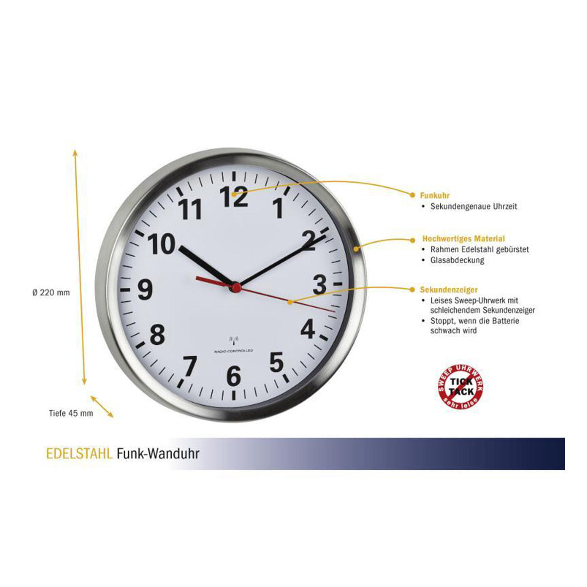 TFA-Dostmann TFA Dostmann Wanduhr – Funk, analog, lautlos, Ø 22 cm, Silber, Edelstahl/Glas