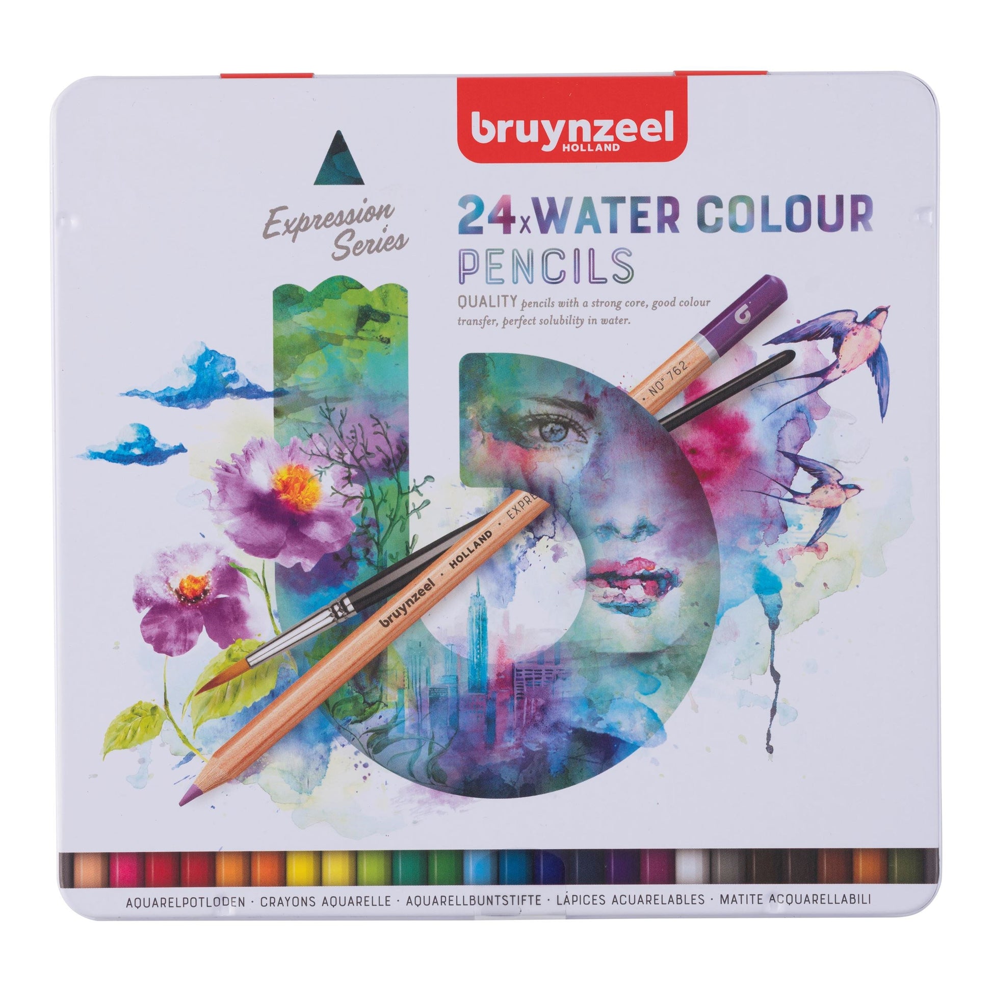 Bruynzeel Aquarellfarbstifte Expression – Aquarell, Minen-Ø 2,9 mm, 24 Farben, in Metalletui, mit Pinsel