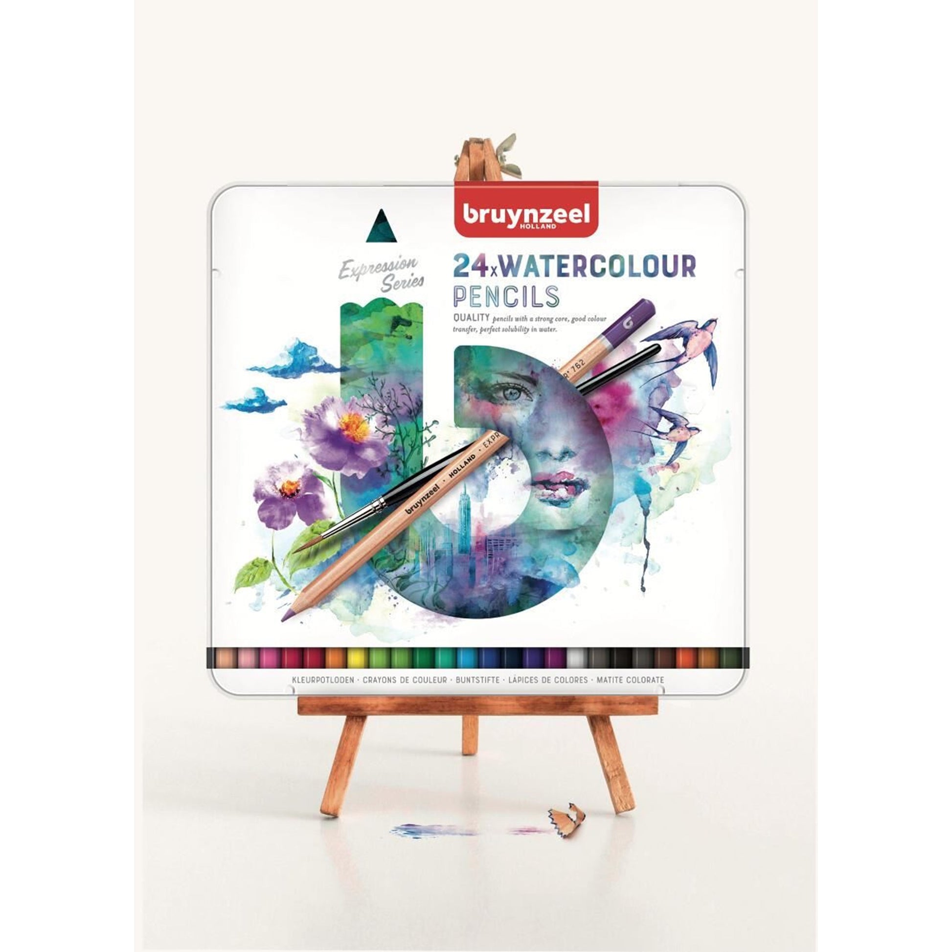 Bruynzeel Aquarellfarbstifte Expression – Aquarell, Minen-Ø 2,9 mm, 24 Farben, in Metalletui, mit Pinsel