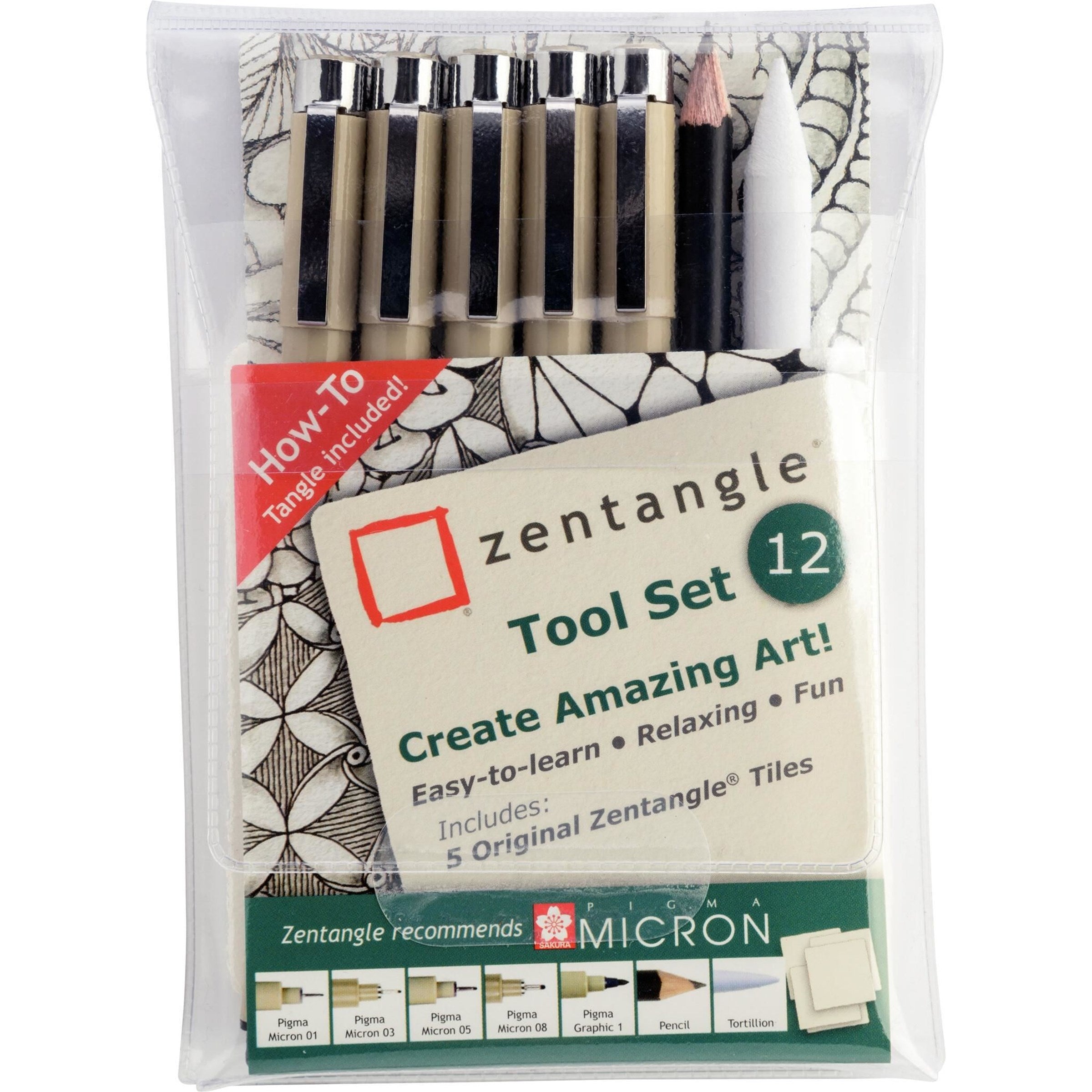 Sakura Zentangle Werkzeugset Z12PTGB – 3 Micron (01/03/05), Graphitstift, Verwischstift, 5 ATC-Kacheln 89×64 mm
