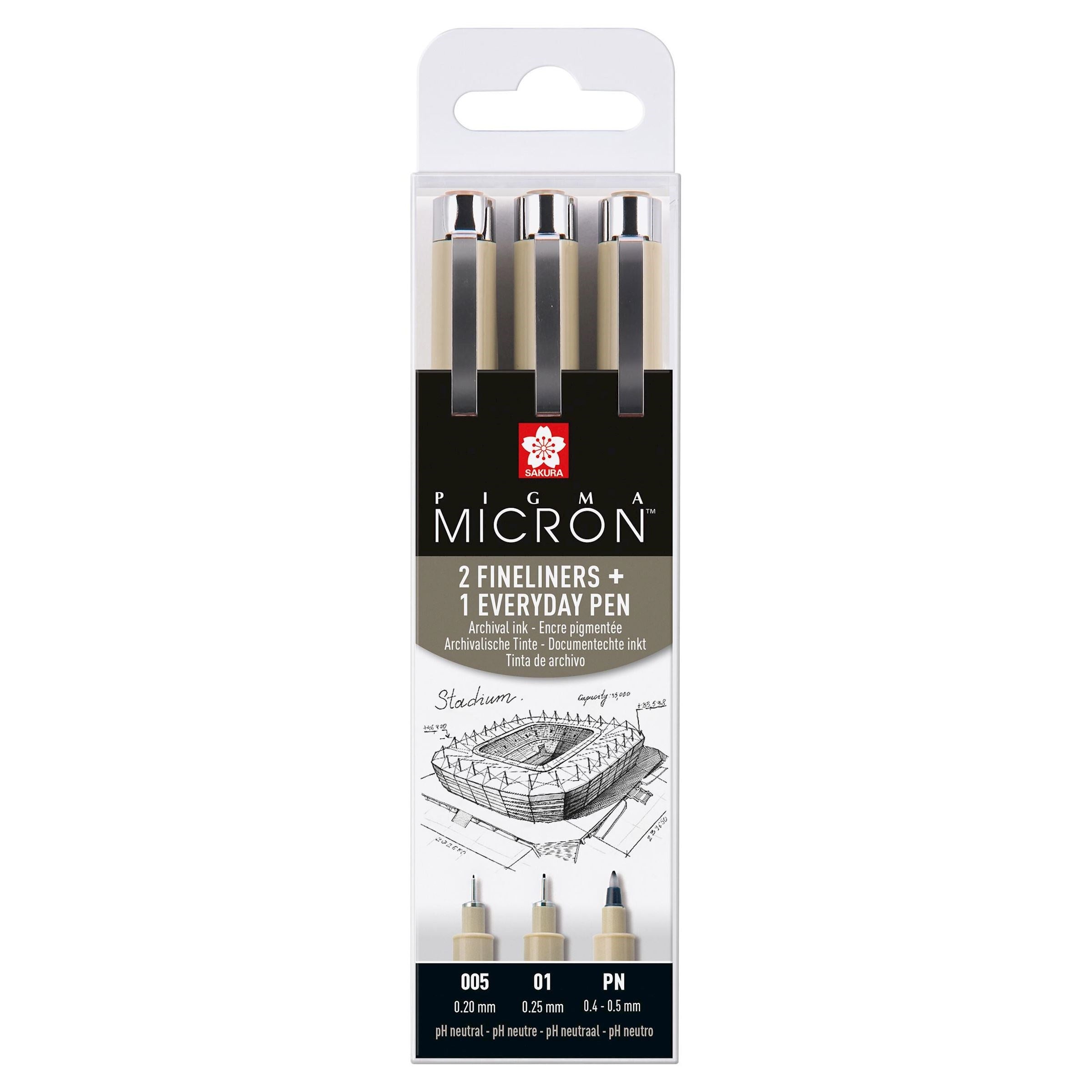 Sakura Pigma Micron Fineliner Set – 3 Stk., 0,2–0,25 mm, schwarz, wasserfest