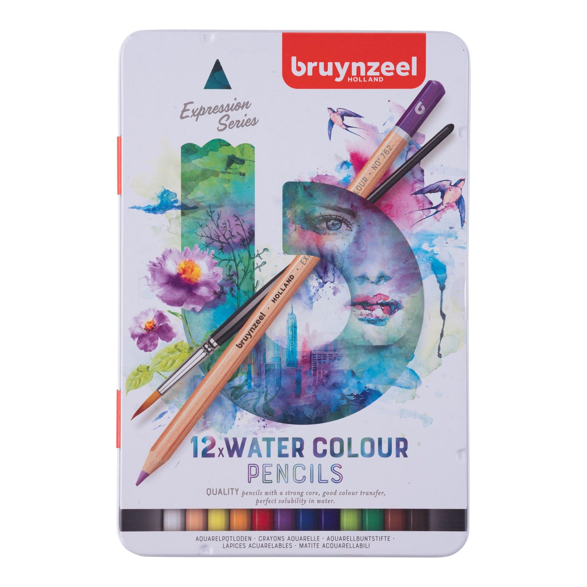 BRUYNZEEL Expression Aquarellfarbstifte – 12 Stk., Ø 2,9 mm, Metallschachtel, mit Pinsel
