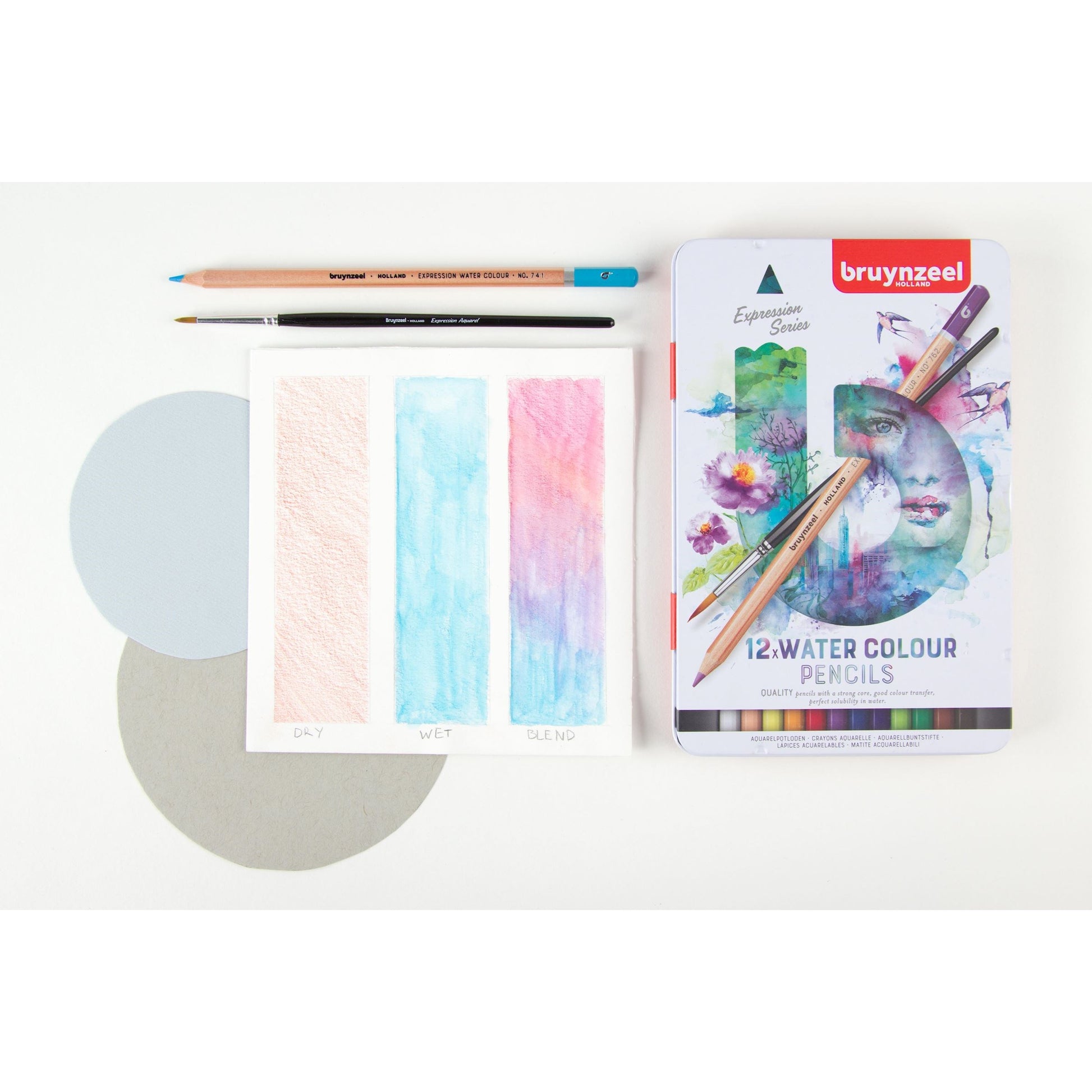 BRUYNZEEL Expression Aquarellfarbstifte – 12 Stk., Ø 2,9 mm, Metallschachtel, mit Pinsel