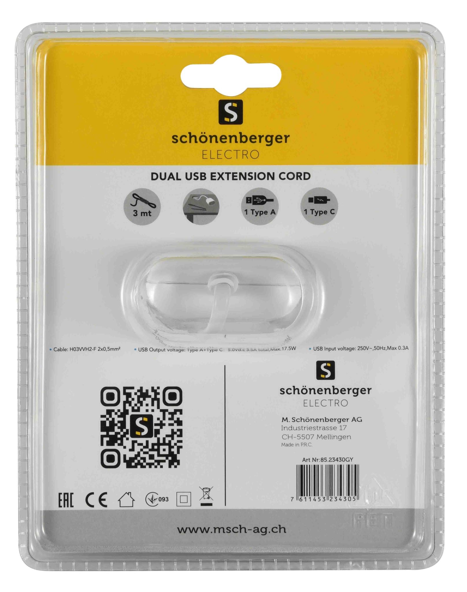 M. Schönenberger USB-Verlängerungskabel 18 W – USB-C×1, USB-A×1, 3 m – EU-Stecker (Typ C) – Weiss, Grau