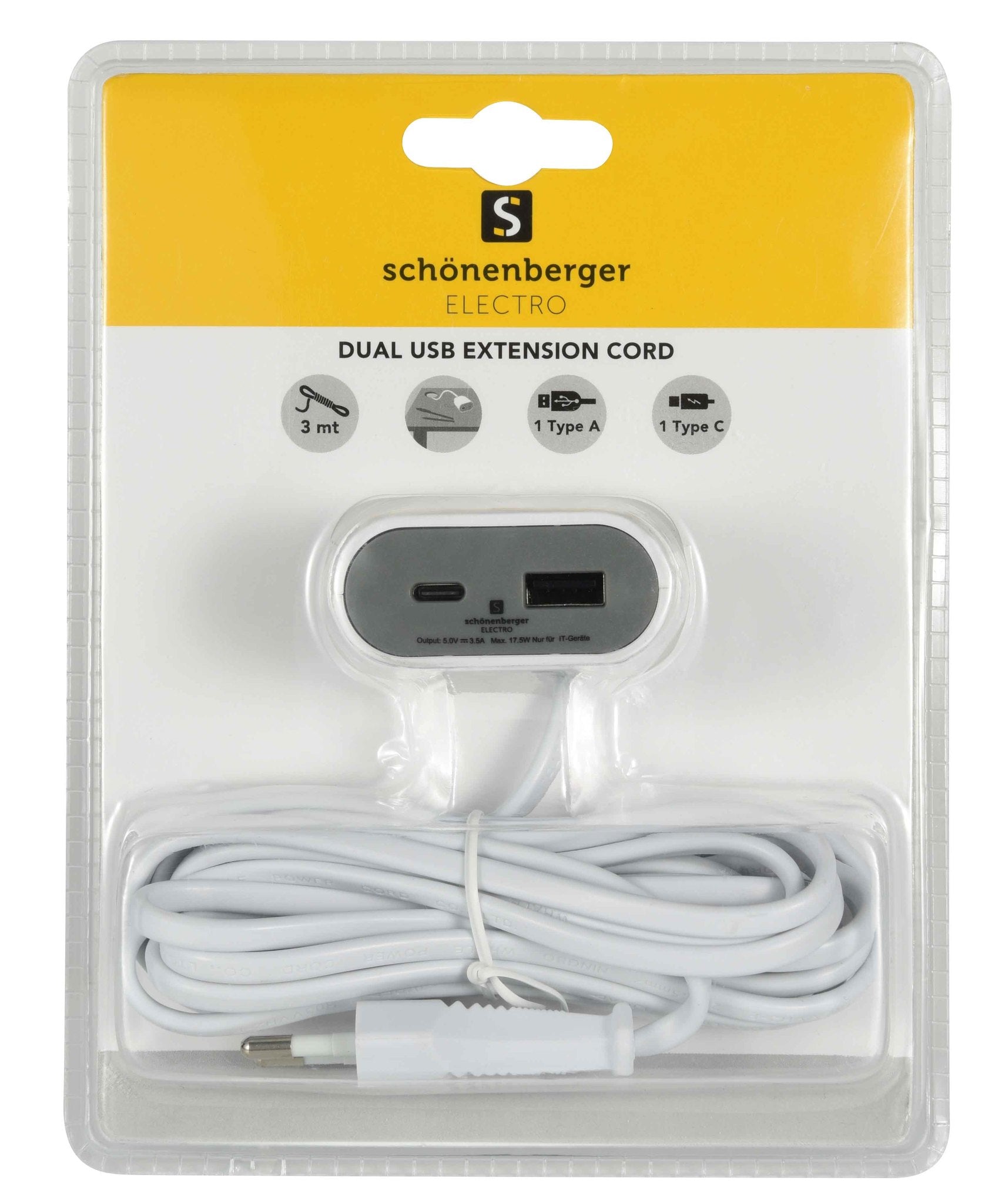 M. Schönenberger USB-Verlängerungskabel 18 W – USB-C×1, USB-A×1, 3 m – EU-Stecker (Typ C) – Weiss, Grau