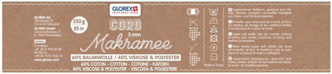 GLOREX Makramee-Kordel Beige – Ø 3 mm, 250 g, 85 m, Baumwolle