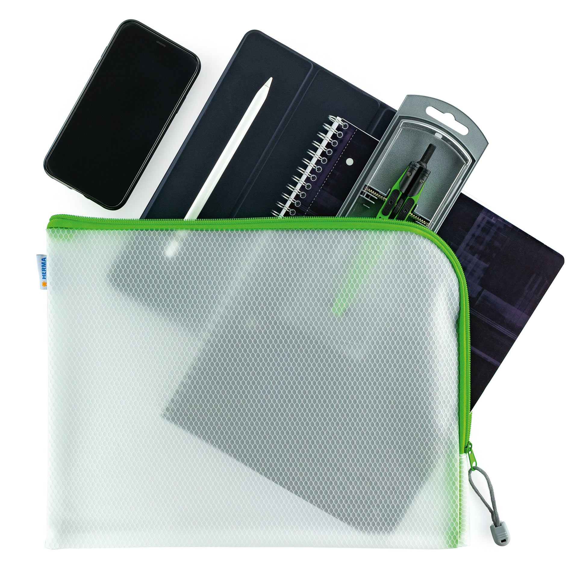 HERMA Reissverschlusstasche Etui – Grün – Kunststoff – 36 × 28 × 0,7 cm