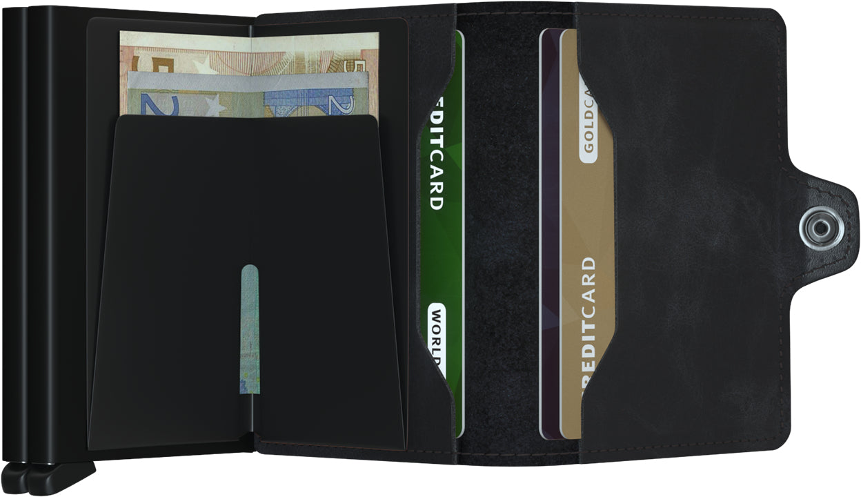 Secrid Twinwallet Brieftasche – RFID-Schutz – 70 × 102 × 25 mm – Schwarz – Aluminium, Leder