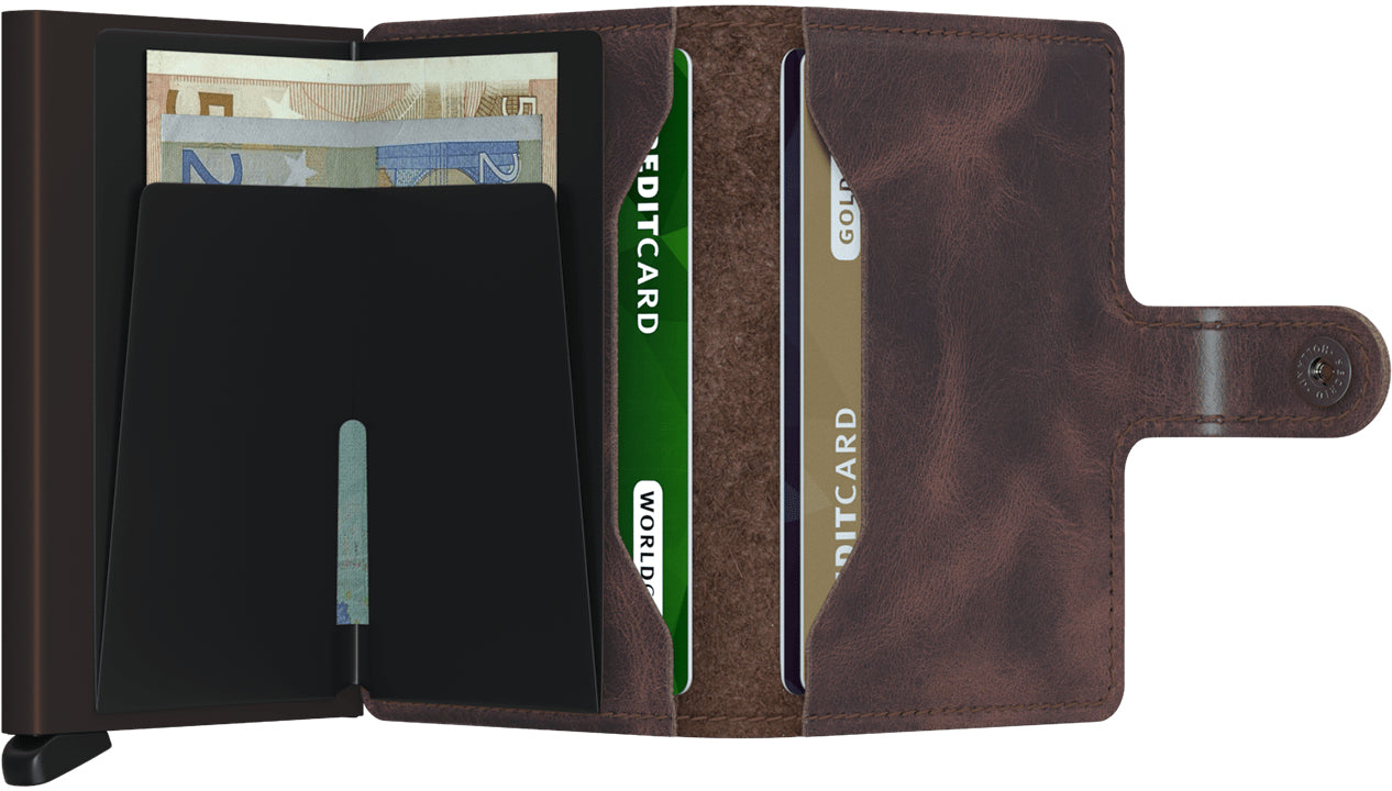 Secrid Kartenetui Miniwallet – RFID-Schutz – 10 Karten – Dunkelbraun – Aluminium, Leder – Vintage