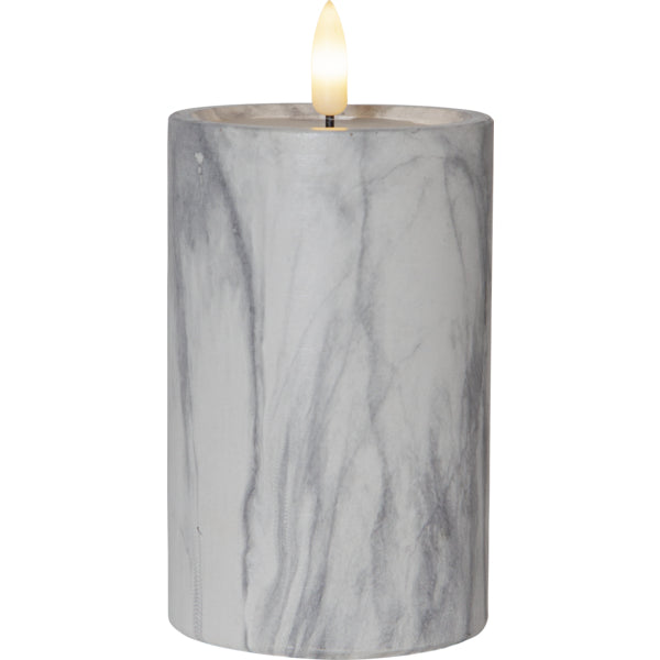 Star Trading LED-Säulenkerze Flame Marble – Ø 7,5 × 15 cm, warmweiss, grau/marmor, Timer, batteriebetrieben
