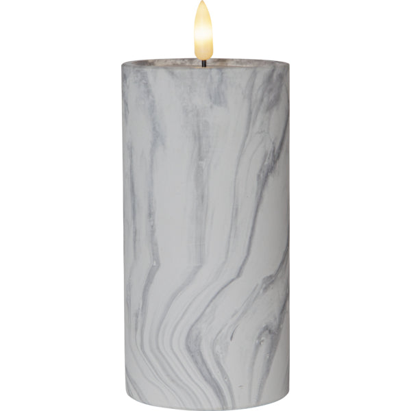 Star Trading LED-Säulenkerze Flame Marble – Ø 7,5 × 17,5 cm, Warmweiss, Grau, Timer 6/18 h, flackernd