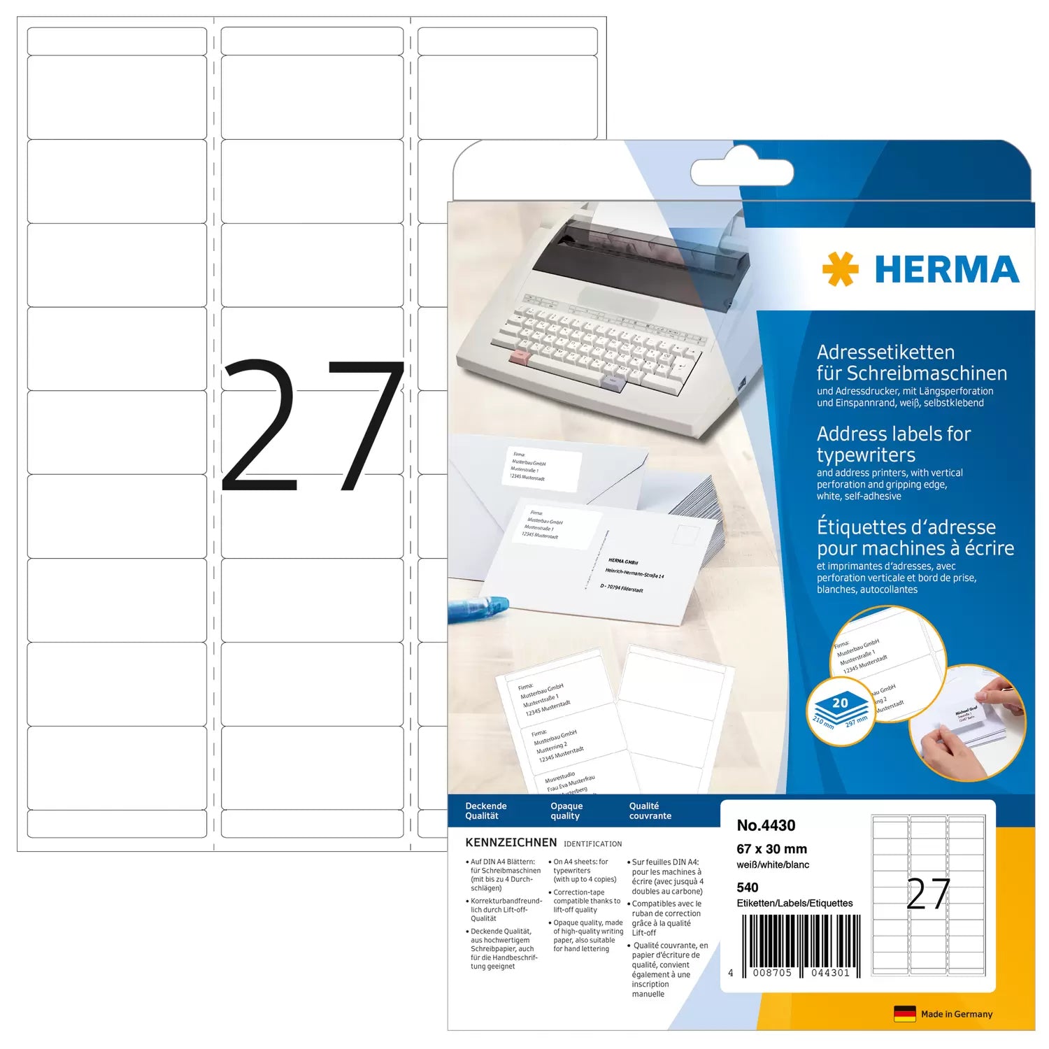 HERMA Adressetiketten, korrigierbar – für Schreibmaschinen bis 4 Durchschläge