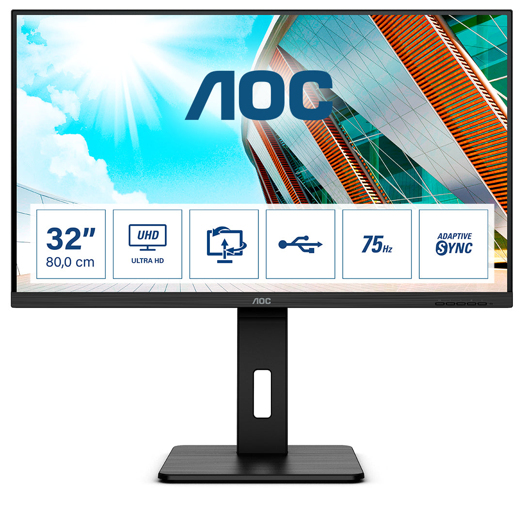 AOC U32P2 – Monitor, 31,5" 4K UHD (3840 × 2160), VA, 60 Hz, 350 cd/m², VESA 100 × 100, Schwarz