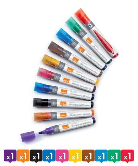 Nobo Whiteboard-Marker – Pinselspitze 3 mm, sortiert, 10 Stk., trocken abwischbar – für Emaille