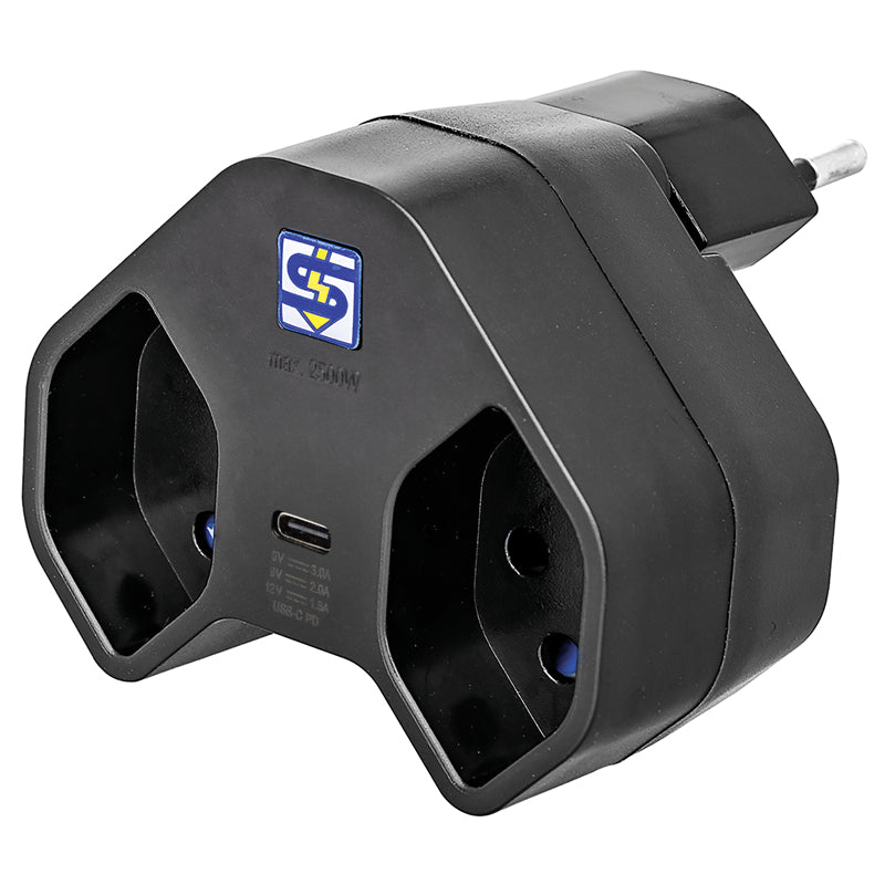 Steffen Manta Steckdosenleiste, 2×T13, 1×USB-C, Kindersicherung, drehbar 320°, Eingang T12 – schwarz