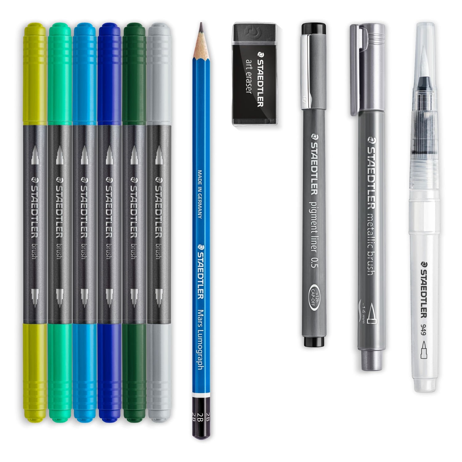 Staedtler Aquarell-Set Handlettering – 6 Doppelfasermaler, Pigment Liner, Metallic Brush Pen