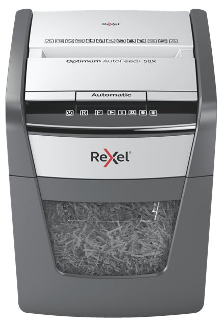 Rexel Optimum AutoFeed+ 50X – Aktenvernichter mit Autofeed 50 Blatt, DIN P-4, Partikelschnitt 4 × 28 mm, 20 l