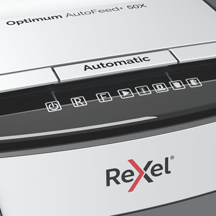 Rexel Optimum AutoFeed+ 50X – Aktenvernichter mit Autofeed 50 Blatt, DIN P-4, Partikelschnitt 4 × 28 mm, 20 l