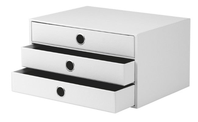 Rössler S.O.H.O. Schubladenelement – 3 Schubladen, für A4, weiss, Karton, B 343 × H 250 × T 185 mm