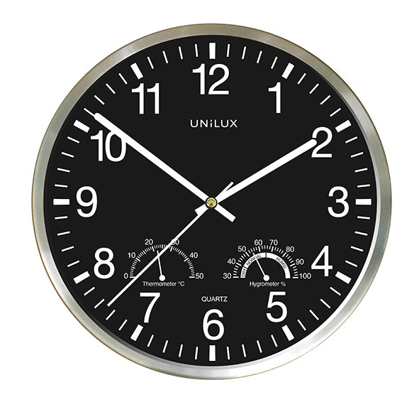 Unilux WETTY Wanduhr – Analog, lautlos, Thermometer/Hygrometer, Ø 30 cm, grau, Edelstahl/Glas