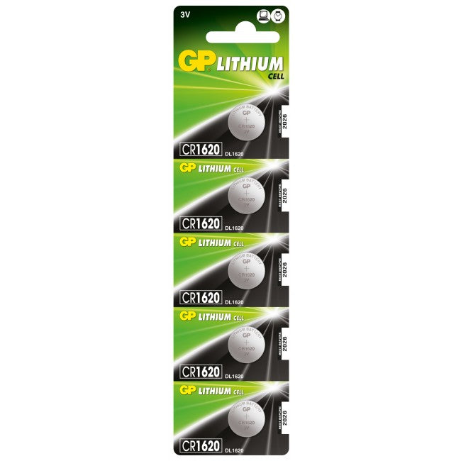 GP Batteries Knopfzellen CR1620, Lithium-Mangandioxid, 3 V – 5 Stk.