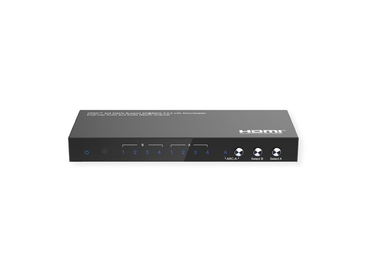 VALUE HDMI Matrix 4×2, 4K@60 Hz, HDCP 2.2, EDID, Toslink, Downscale, IR-Fernbedienung